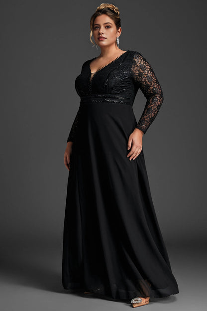 Glamorous A-Line Deep-V Long-Sleeve Solid-Back Slit Floor-Length Plus Size Mother Of Bride Dress