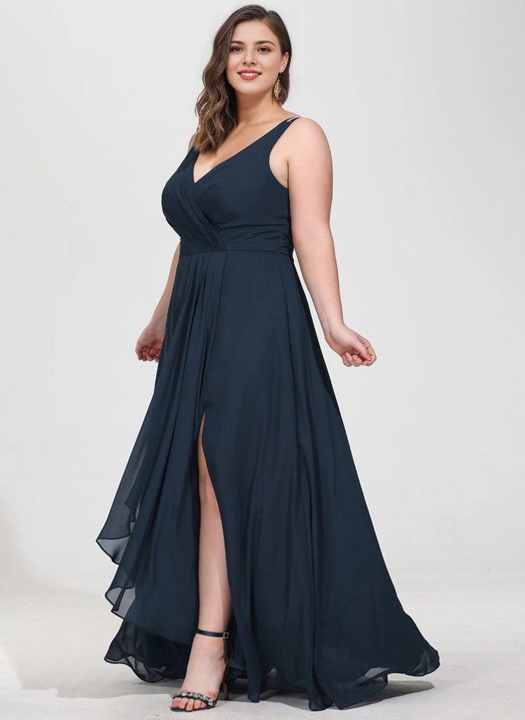 Flowy A-line V-Neck Spaghetti Strap Tie-Back Maxi plus size Mother Of Bride Dress