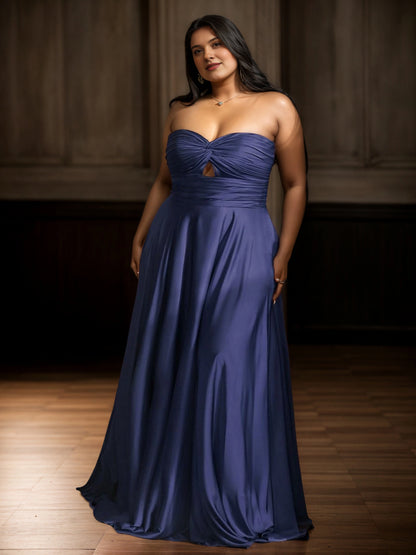Black Satin A‑Line Sweetheart Strapless Closed‑Back Maxi Plus Size Wedding Guest Dress