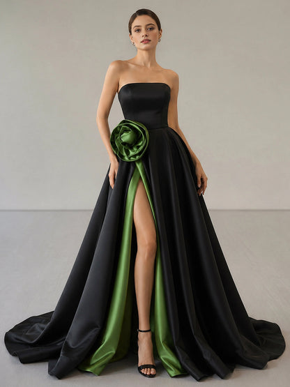 Roselledress Structured Satin Aline Strapless Floral Corset LaceUpBack Train Plus Size Prom Dress