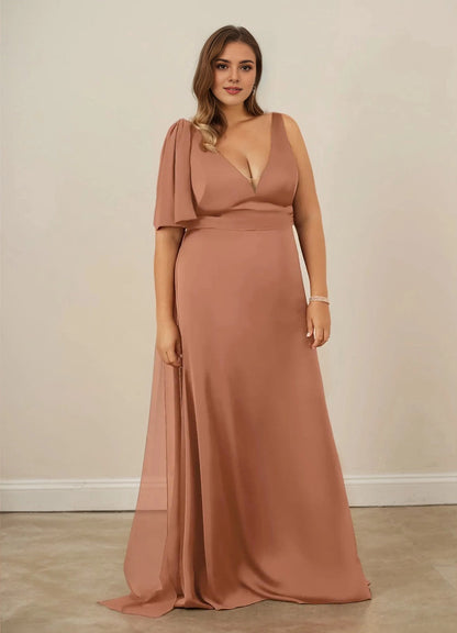 Luxury Mermaid V-Neck One Flutter Sleeve V-Back Maxi plus size Mother Of Bride Dress