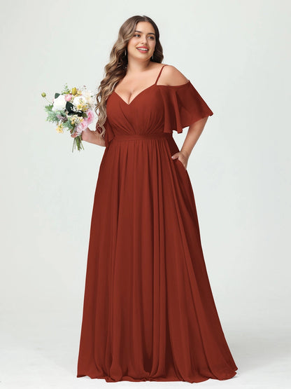 Romantic A-Line V Neck Off Shoulder Flutter Sleeve V Back Pocket Dusty Pink Chiffon Plus Size Mother Of The Bride Dress