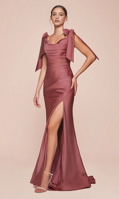 Plum Mermaid Sweetheart Off Shoulder Bow Open Back Maxi Prom Dress