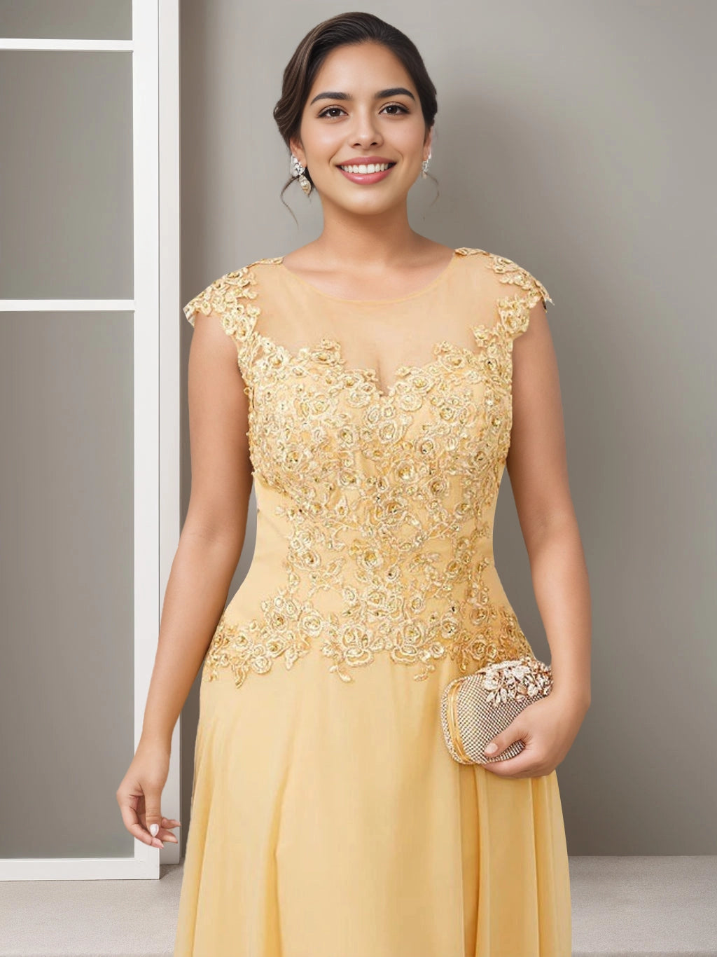 Golden Yellow A‑Line Illusion Neck Cap Sleeve Illusion Back Floor Length Plus Size Mother Of The Bride Dress