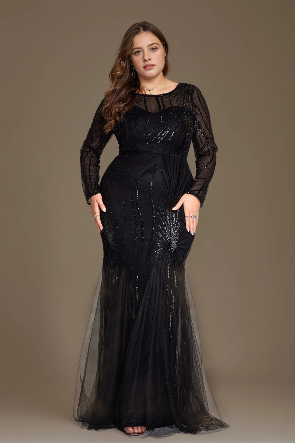 Glam Plus Size Mermaid Round-Neck Long-Sleeve V-Back Train-Length Mother Of Bride Dress