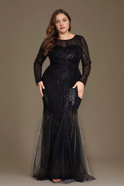 Glam Plus Size Mermaid Round-Neck Long-Sleeve V-Back Train-Length Mother Of Bride Dress