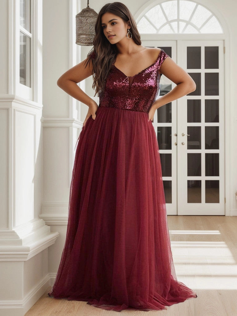 Glamorous A‑Line Off‑The‑Shoulder Cap‑Sleeve V‑Back Floor‑Length Plus Size Prom Dress