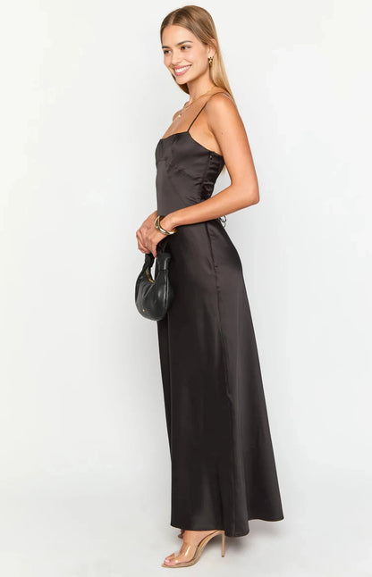 Black A-Line Square Neck Spaghetti Lace Up Back  Long Prom Dress