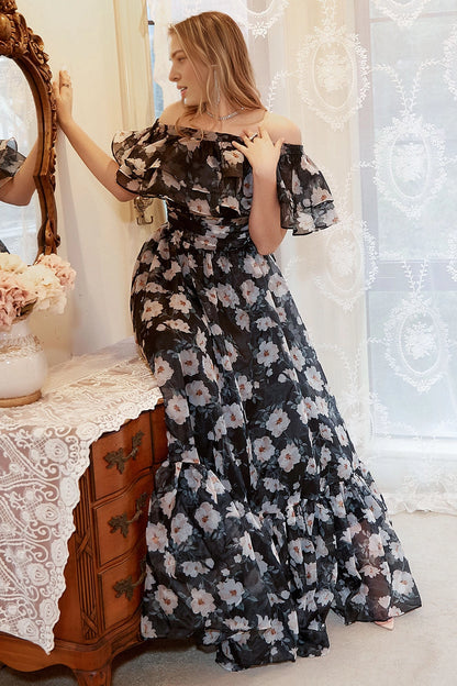 Plus Size Floral‑Print A‑Line Off‑The‑Shoulder Flutter‑Sleeve Simple‑Back Floor‑Length Prom Dress
