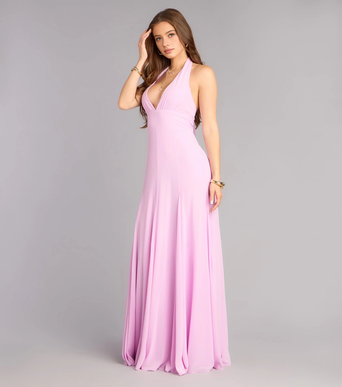 Pink A-Line Deep V Halter Tie Back Long Prom Dress