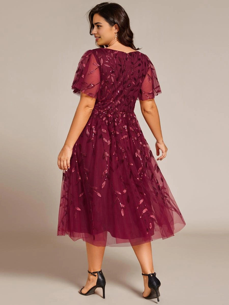 Roselledress embroidered sequin tulle plus size formal midi dress center zipper back shot
