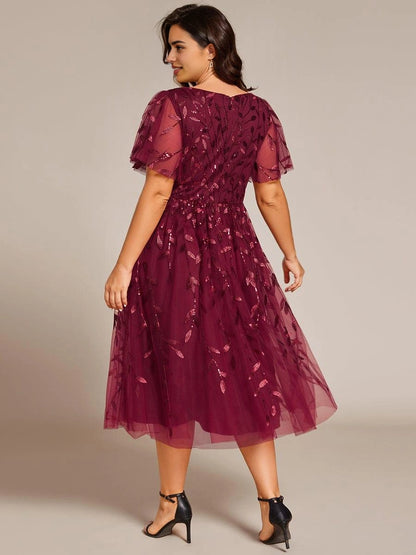Roselledress embroidered sequin tulle plus size formal midi dress center zipper back shot