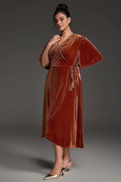 Retro Plus Size Wrap V-Neck Flutter-Sleeve Solid-Back Midi Mother Of Bride Dress