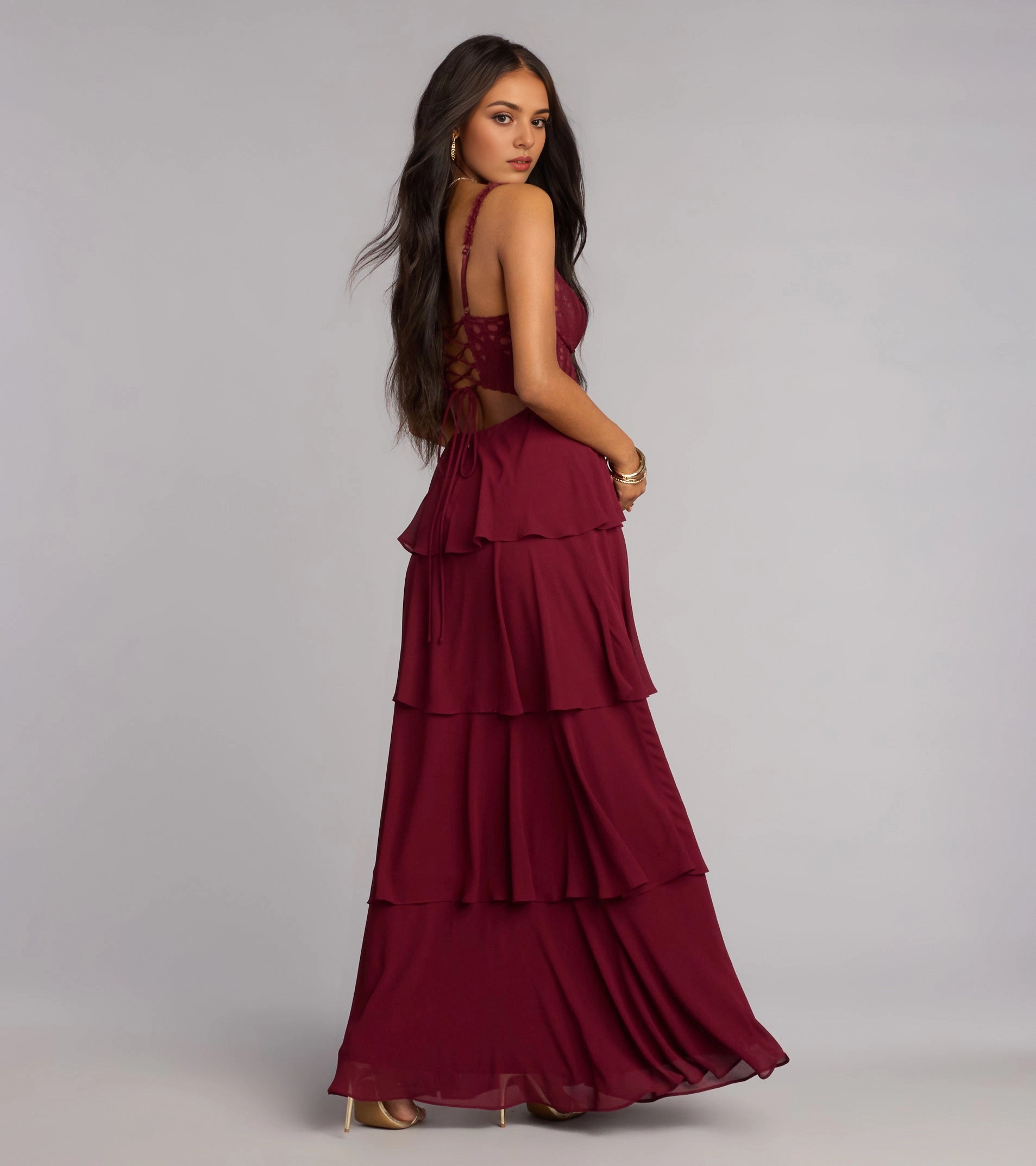 Roselledress romantic formal gown open lace tie back layered ruffle long wedding guest dress back photo