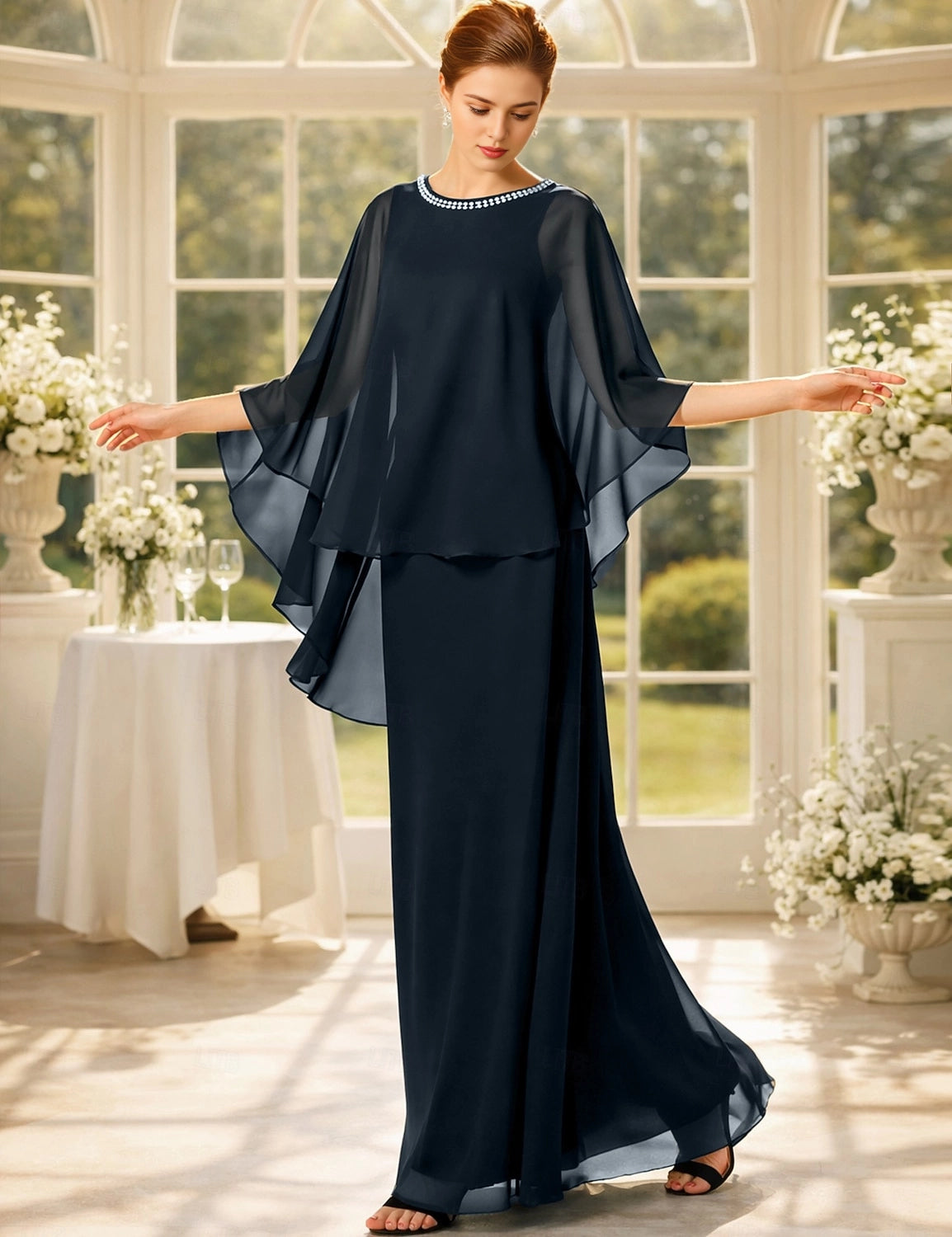 Black Straight Jewel‑Neck Cape‑Sleeve Closed‑Back Floor‑Length Mother Of The Bride Dress
