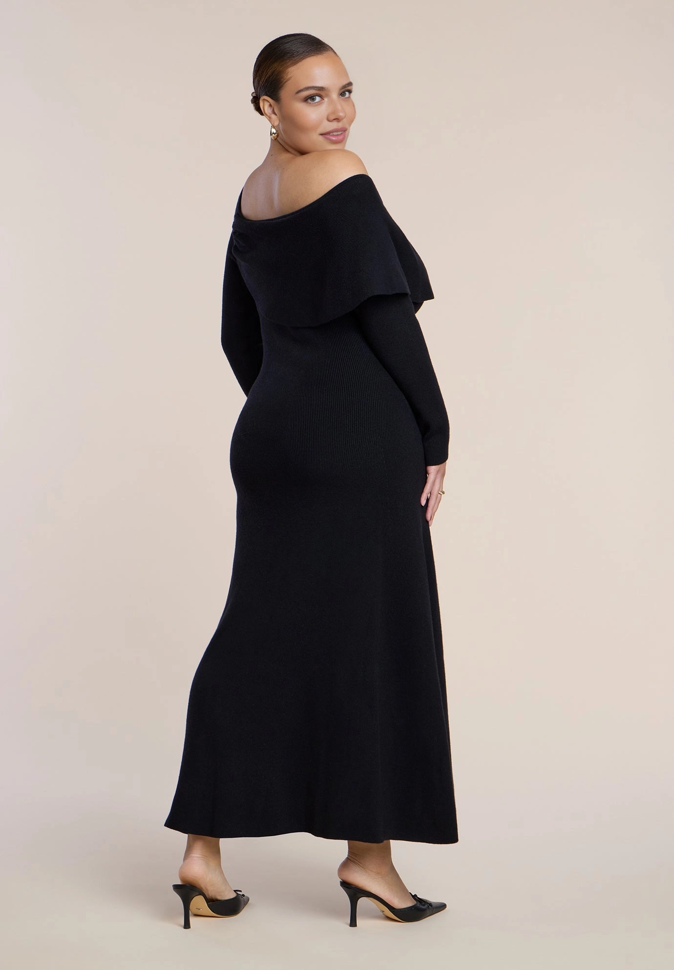 roselledress black plus size mermaid knit maxi dress off‑the‑shoulder fold over neck long sleeve evening gown back view