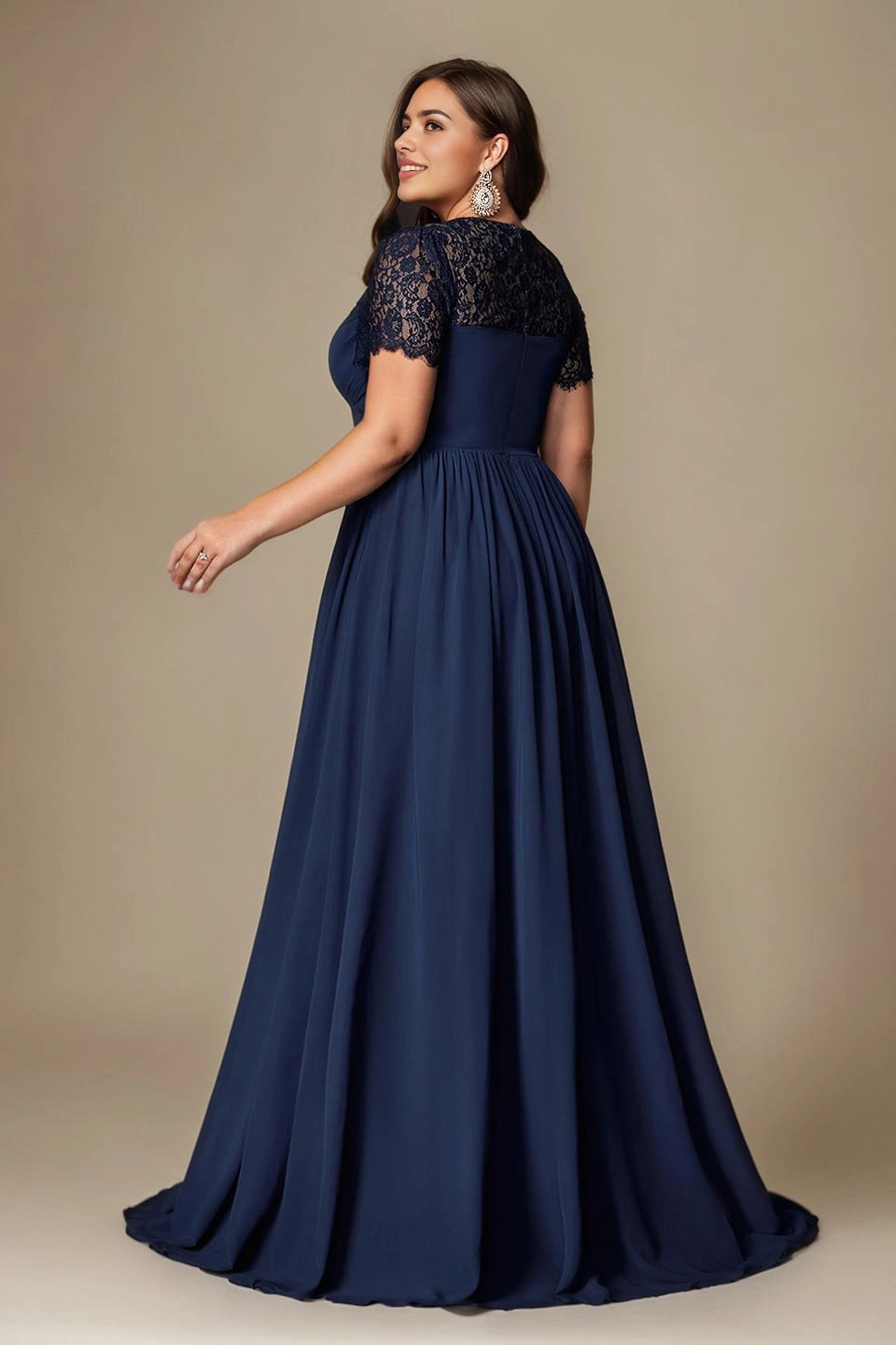 Back view Vedress navy plus size lace sleeve a-line prom dress chiffon formal gown