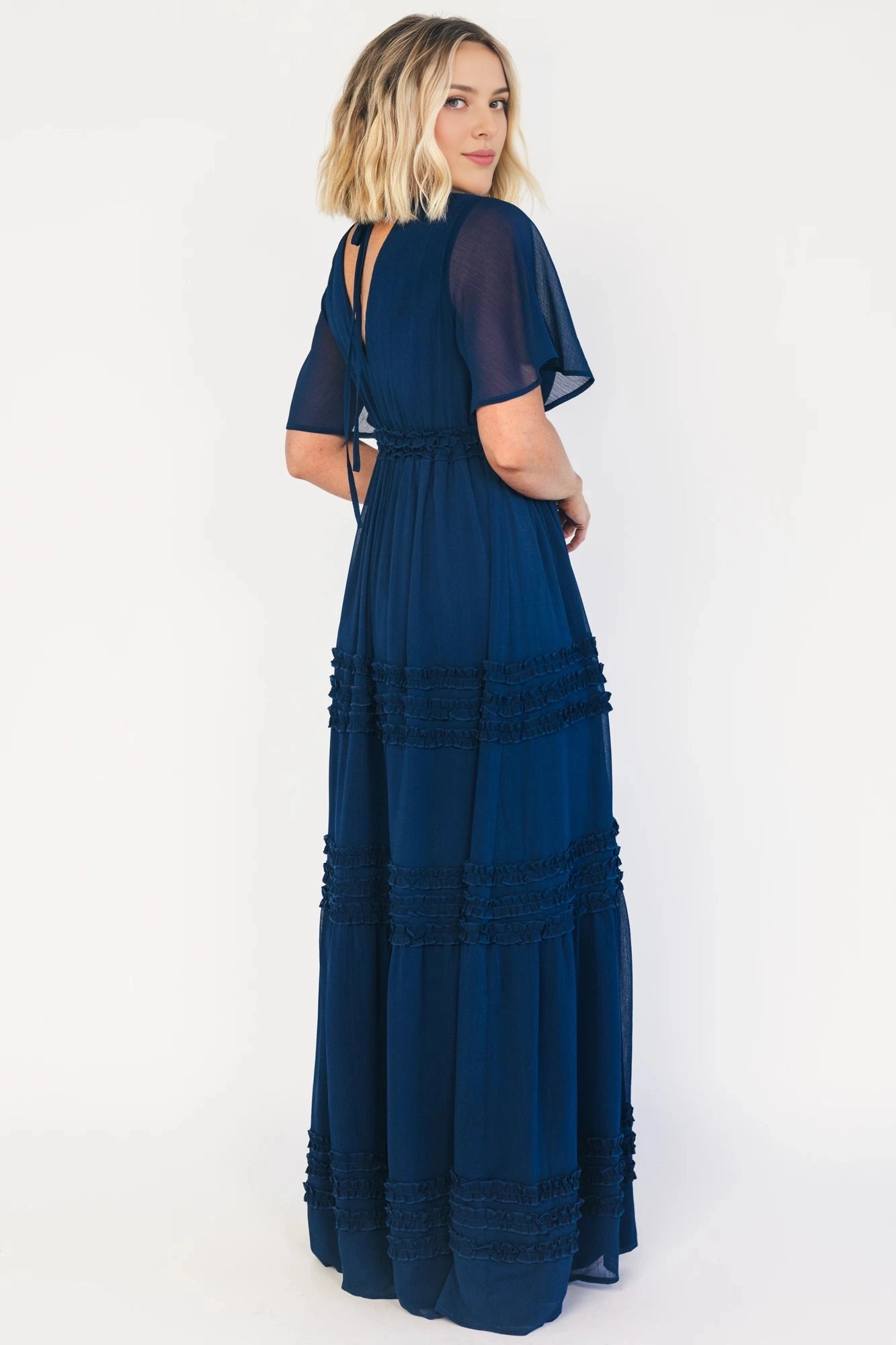 Modest A-Line V-Neck Flutter-Sleeve Tie-Back Floor-Length Mother Of The Bride Dress