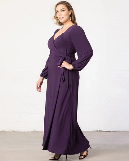Roselledress Long‑Sleeve Wrap Maxi Plus Size Wedding Guest Dress