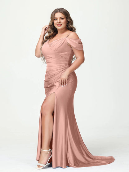 Roselledress Ruched Mermaid Off-Shoulder V Open-Back Slit Maxi Plus Size Prom Dress