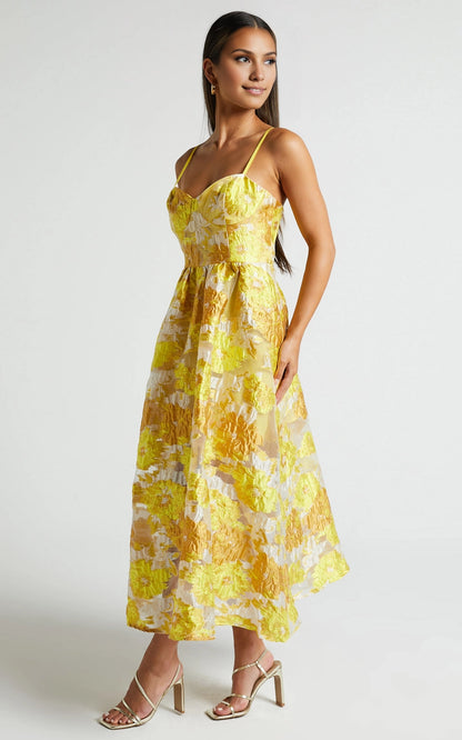 Spaghetti Strap Floral Jacquard Midi Plus Size Wedding Guest Dress