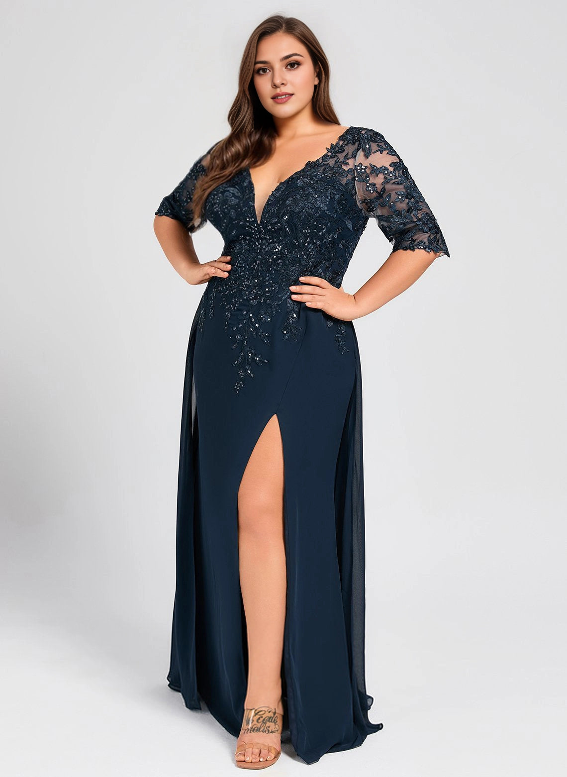 Roselledress navy plus size evening dress v neck lace 3/4 sleeve high slit front view