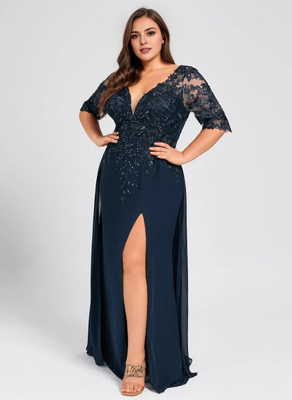 Roselledress navy plus size evening dress v neck lace 3/4 sleeve high slit front view