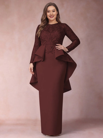 Sheath Round Neck Long Sleeve Back Zipper Maxi Plus Size Lace Peplum Mother Of The Bride Dress