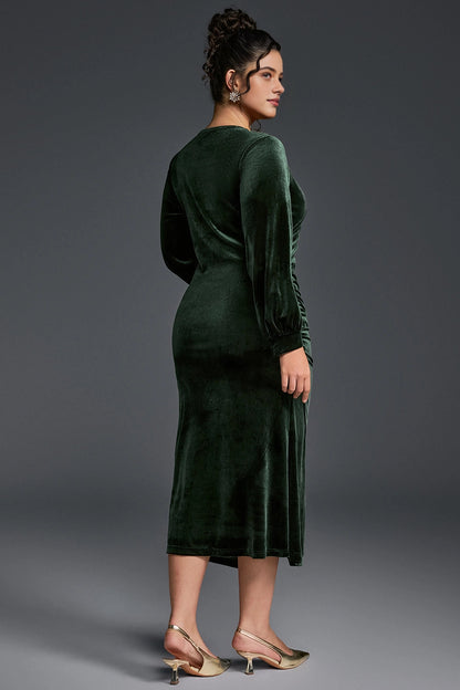 Roselledress velvet evening midi dress solid smooth plain back long lantern sleeve curvy wedding guest gown back photo
