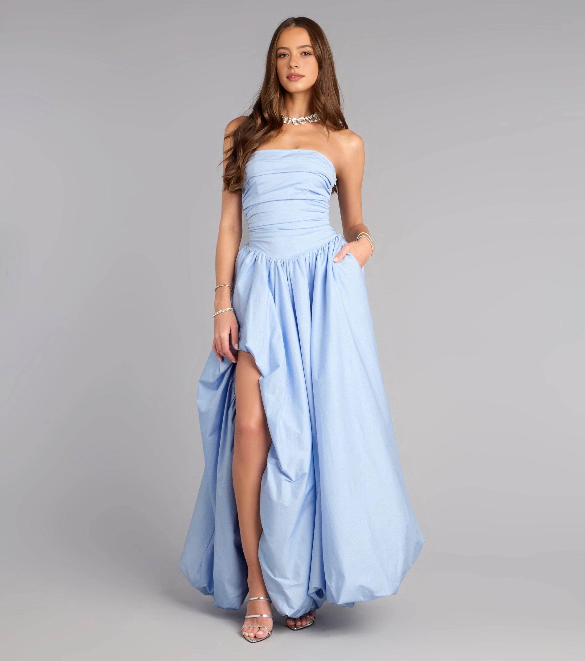 RoselleDress light blue strapless ruched bust a line bubble maxi bridesmaid dress with thigh slit and pockets