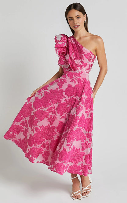 A Line One Shoulder Ruffle Floral Jacquard Plus Size Wedding Guest Midi Dress