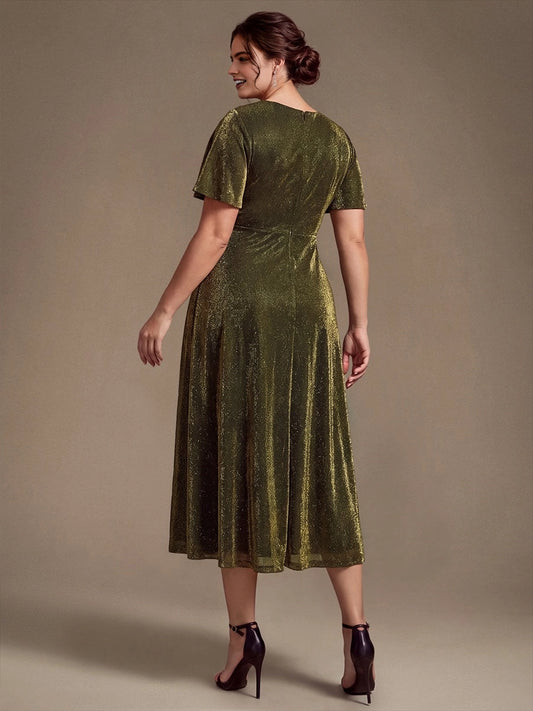 Roselle Dress plus size olive shimmer mother of the groom gown, back zipper, flowy midi dress back view