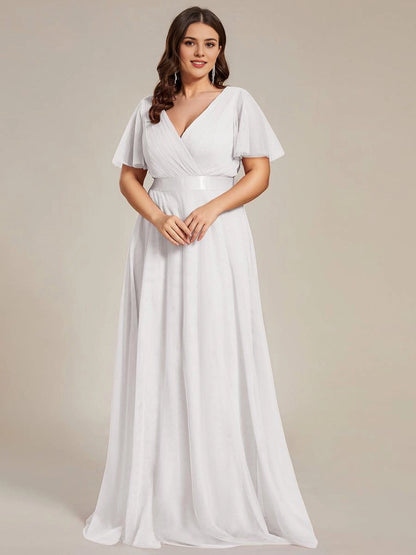 Roselledress Soft A-Line V-Neck Flutter-Sleeve V-Zip-Back Floor-Length Plus Size Weeding Guest Dress