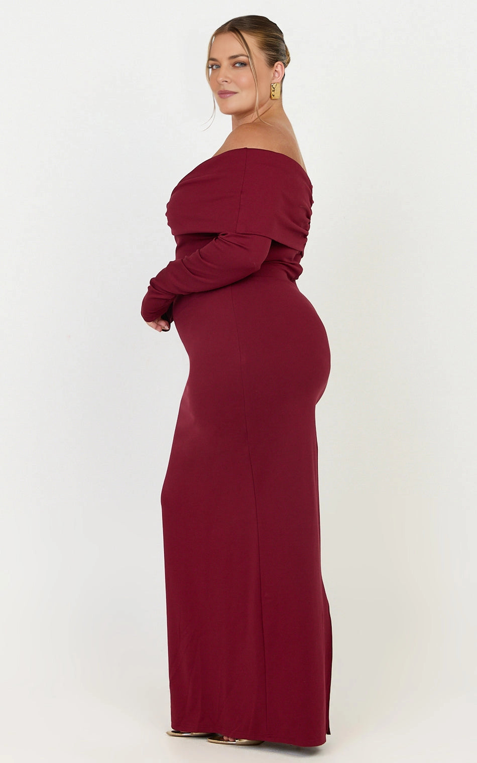 Sheath Off Shoulder Twist Long Sleeve Zipper Back Slit Maxi Plus Size Wedding Guest Dress