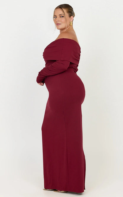 Sheath Off Shoulder Twist Long Sleeve Zipper Back Slit Maxi Plus Size Wedding Guest Dress