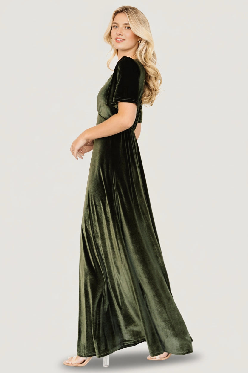 Elegant A‑Line V‑Neck Short‑Sleeve Keyhole‑Back Floor‑Length Mother Of Bride Dress