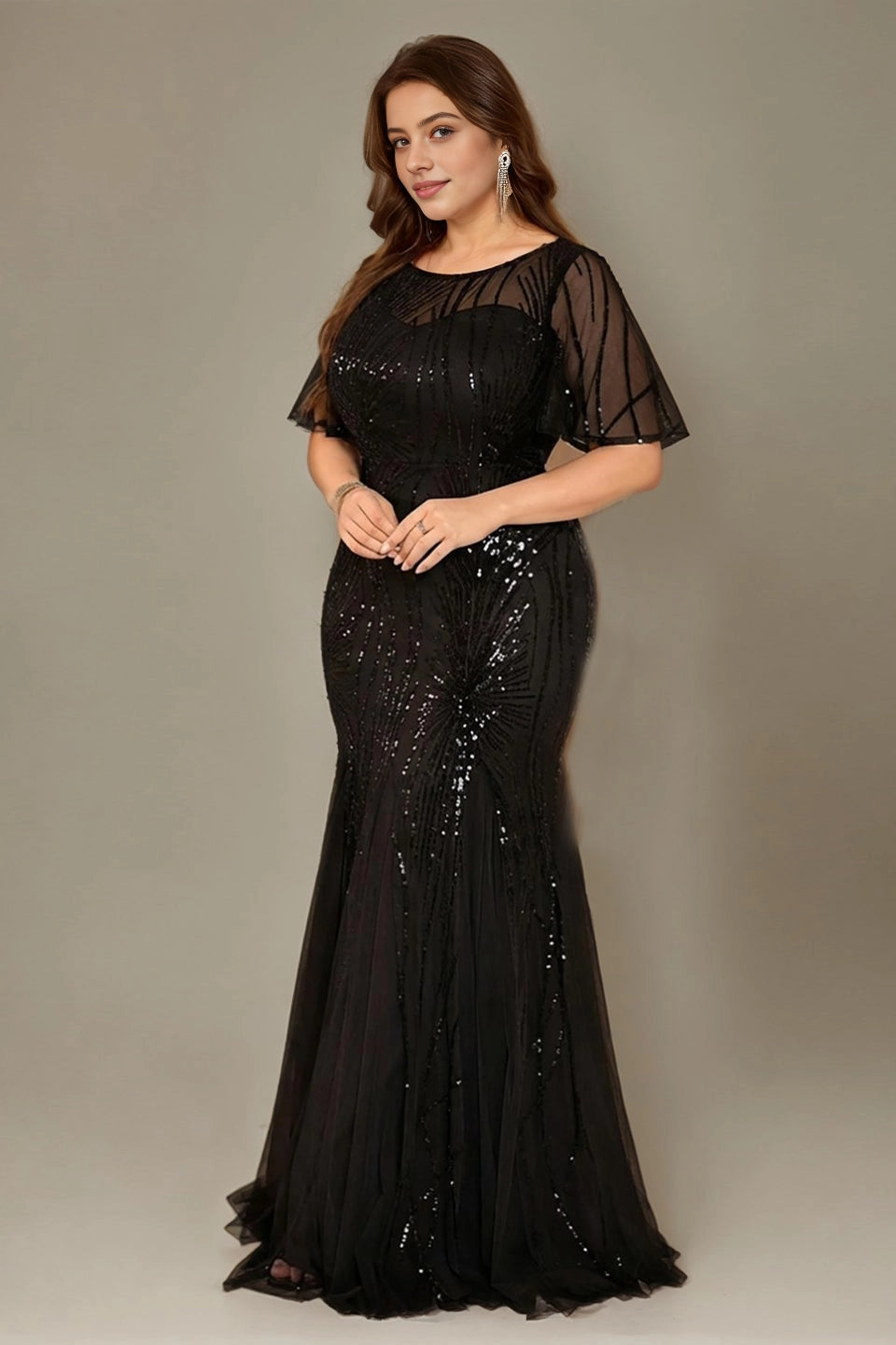 Mermaid Floor Round-Neck Flutter-Sleeve Zip-Back Maxi plus size Mother Of Bride Dress