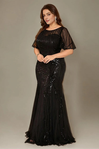Mermaid Floor Round-Neck Flutter-Sleeve Zip-Back Maxi plus size Mother Of Bride Dress