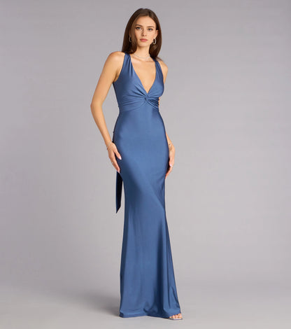 Sleek Mermaid Halter Sleeveless Tie Bow Back Maxi Prom Dress
