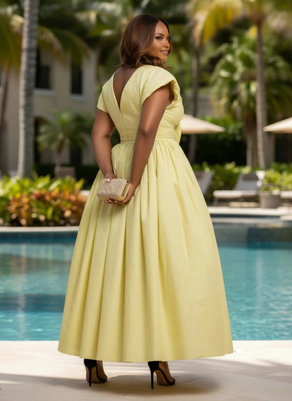 Luxury A-Line Round Neck Short Sleeve Zip Back Ankle Length Plus Size Wedding Guest Dress