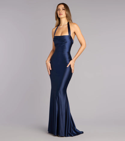 RoselleDress Navy Glossy Satin Halter Cowl Mermaid Maxi Bridesmaid Dress For Fall Winter Wedding Guest