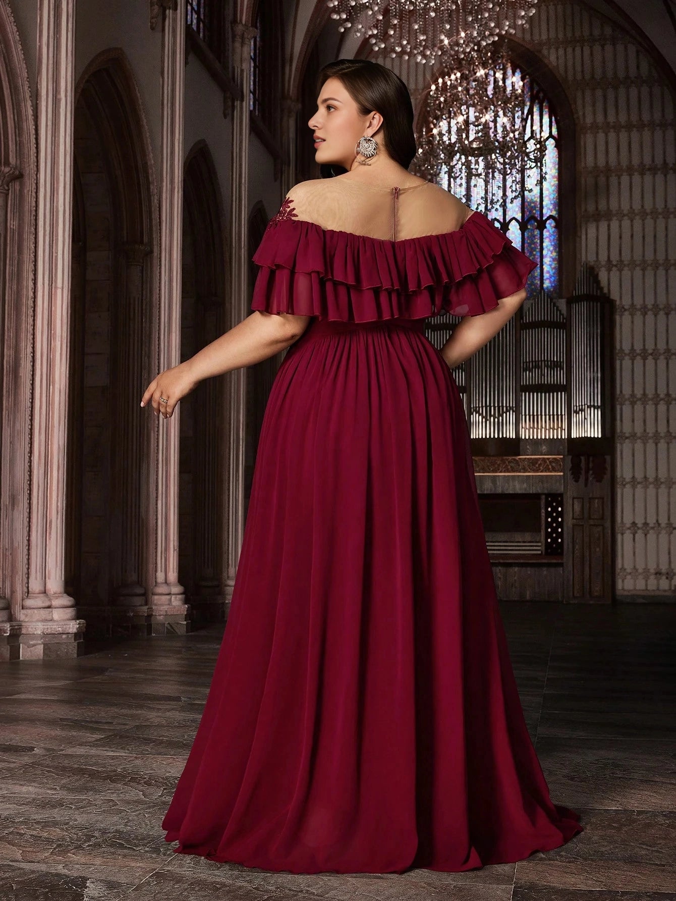 Back view Roselledress burgundy plus size a‑line prom dress illusion mesh back floor‑length formal bridesmaid gown