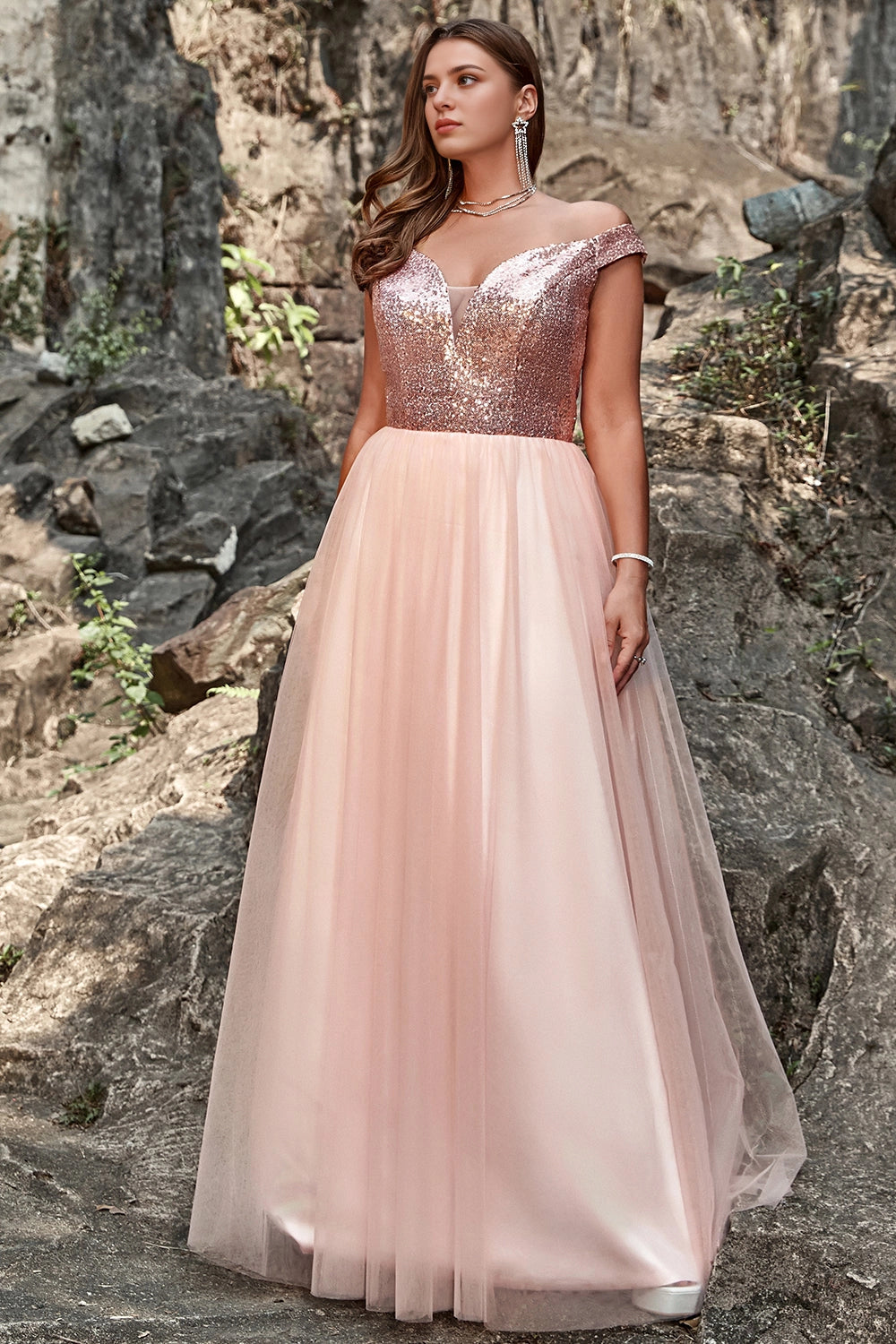 Blush Plus Size A‑Line Off‑Shoulder Cap Sleeve Zipper Back Long Prom Dress
