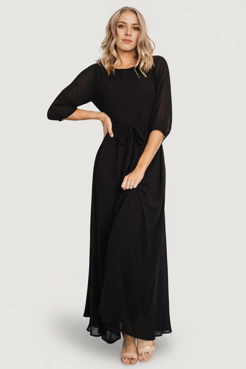 Flowy A-line Round Neck 3/4 Sleeve Keyhole-Back Maxi Mother Of Bride Dress