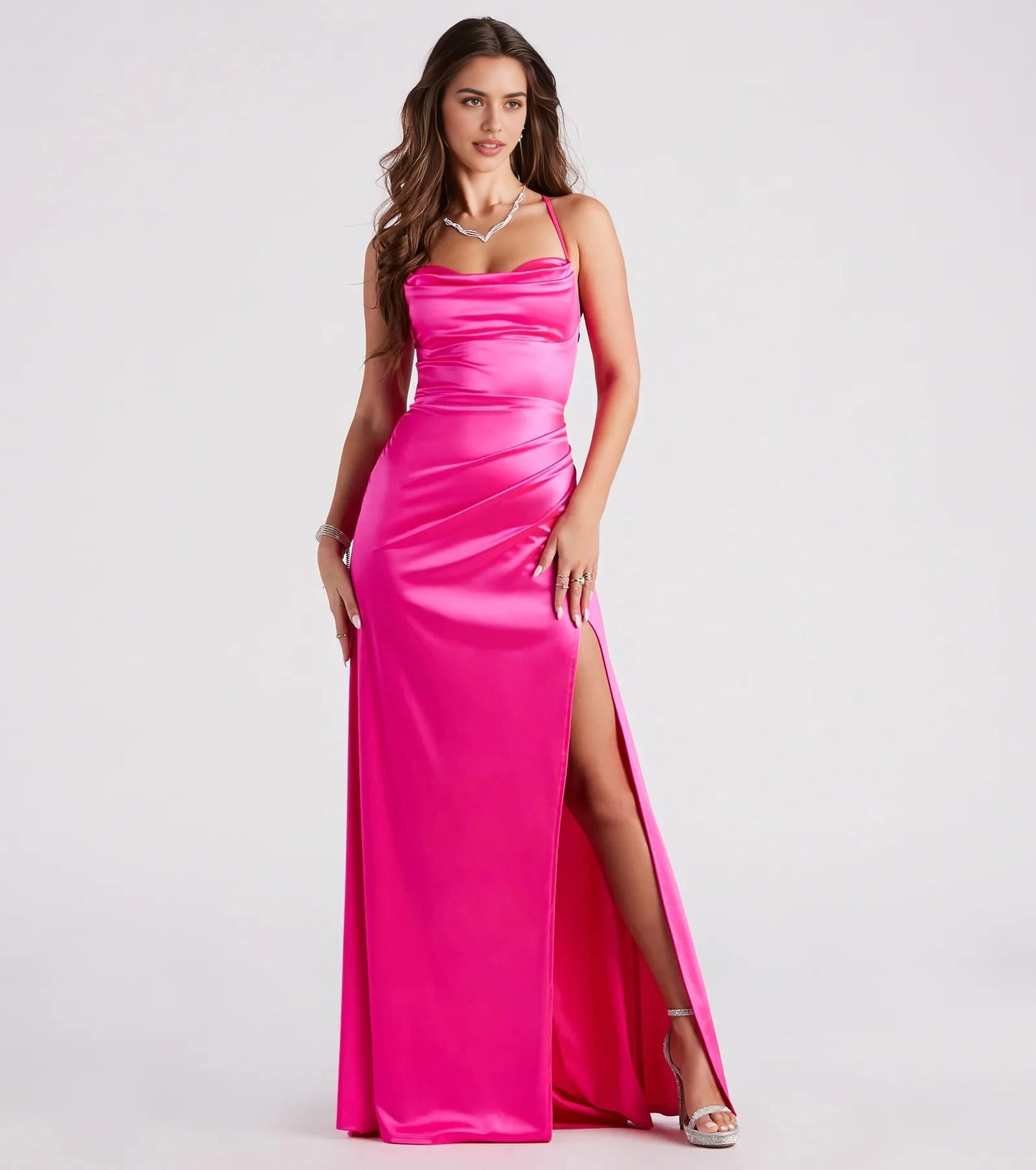 Slim Maxi Spaghetti Lace-Up Back Ruched Long Prom Dress