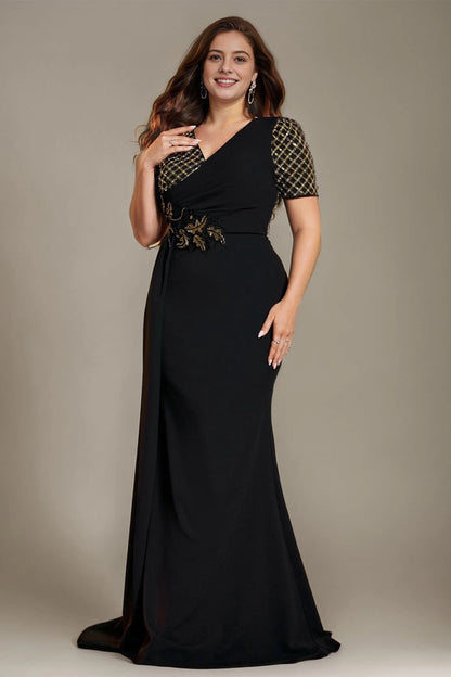 Glamorous Mermaid V-Neck Short-Sleeve Sequin-Back Floor-Length Plus Size Mother Of Bride Dress