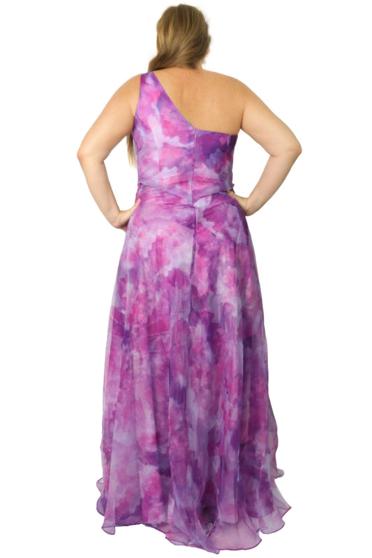 Purple pink plus size evening gown back view, one shoulder neckline, center back zipper and flowing chiffon maxi skirt
