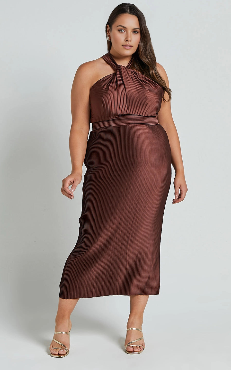 Glamorous Sheath Halter Sleeveless Tie‑Back Midi‑Length Plus Size Wedding Guest Dress