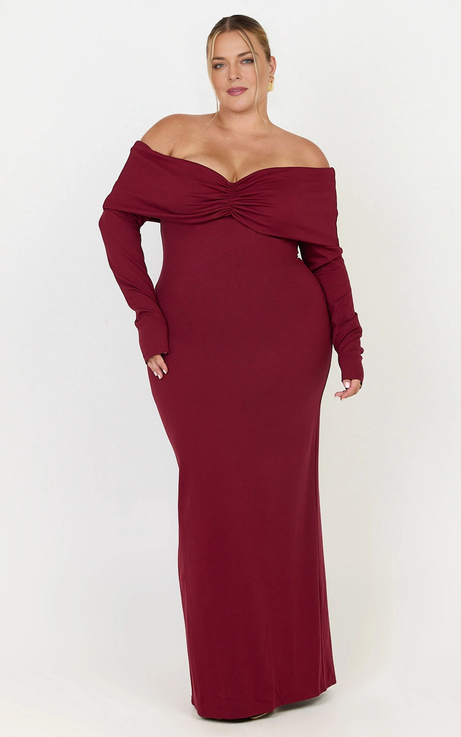 Sheath Off Shoulder Twist Long Sleeve Zipper Back Slit Maxi Plus Size Wedding Guest Dress
