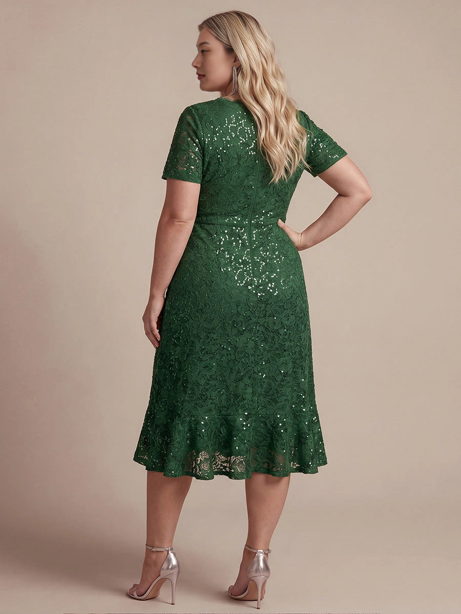 Roselledress plus size sequin lace midi dress back view, short sleeve zipper back dark green cocktail evening gown